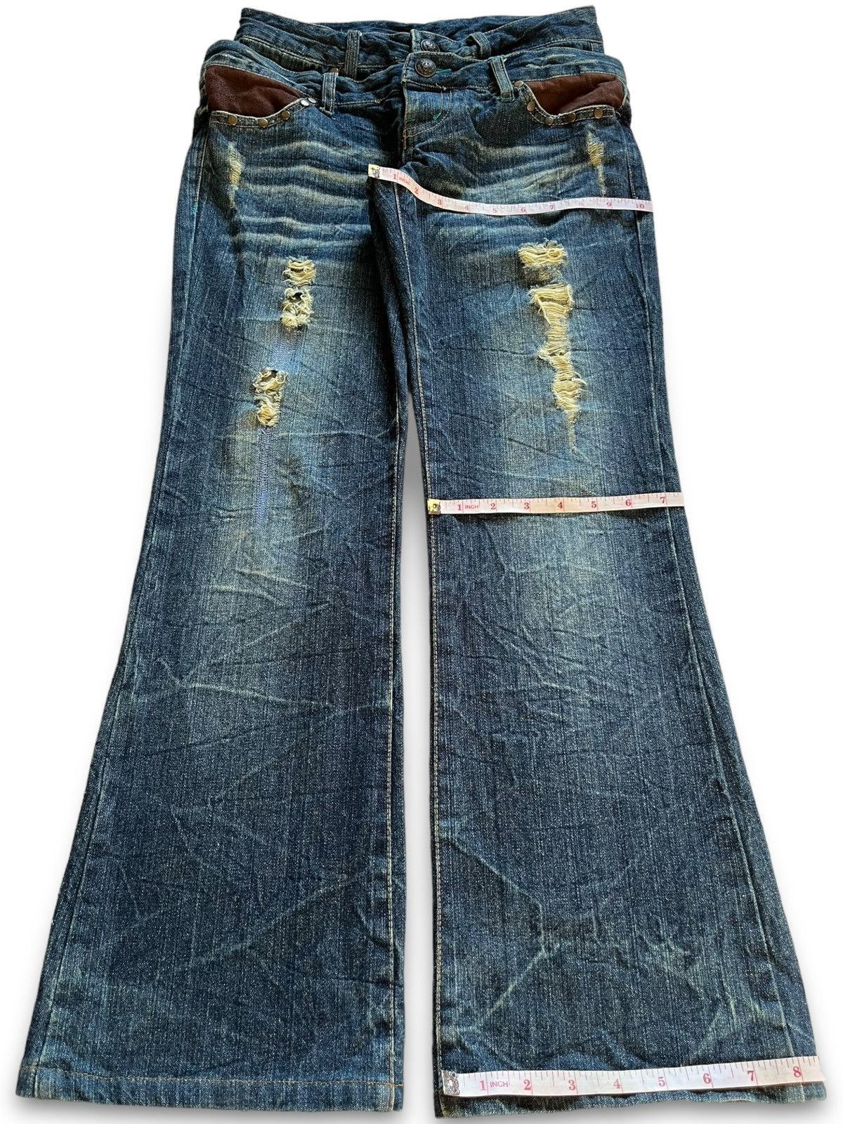Hysteric Glamour Vintage Japanese Brand Ripped Studs Double Waist Flare Jeans Size 28" / US 6 / IT 42 - 14 Thumbnail