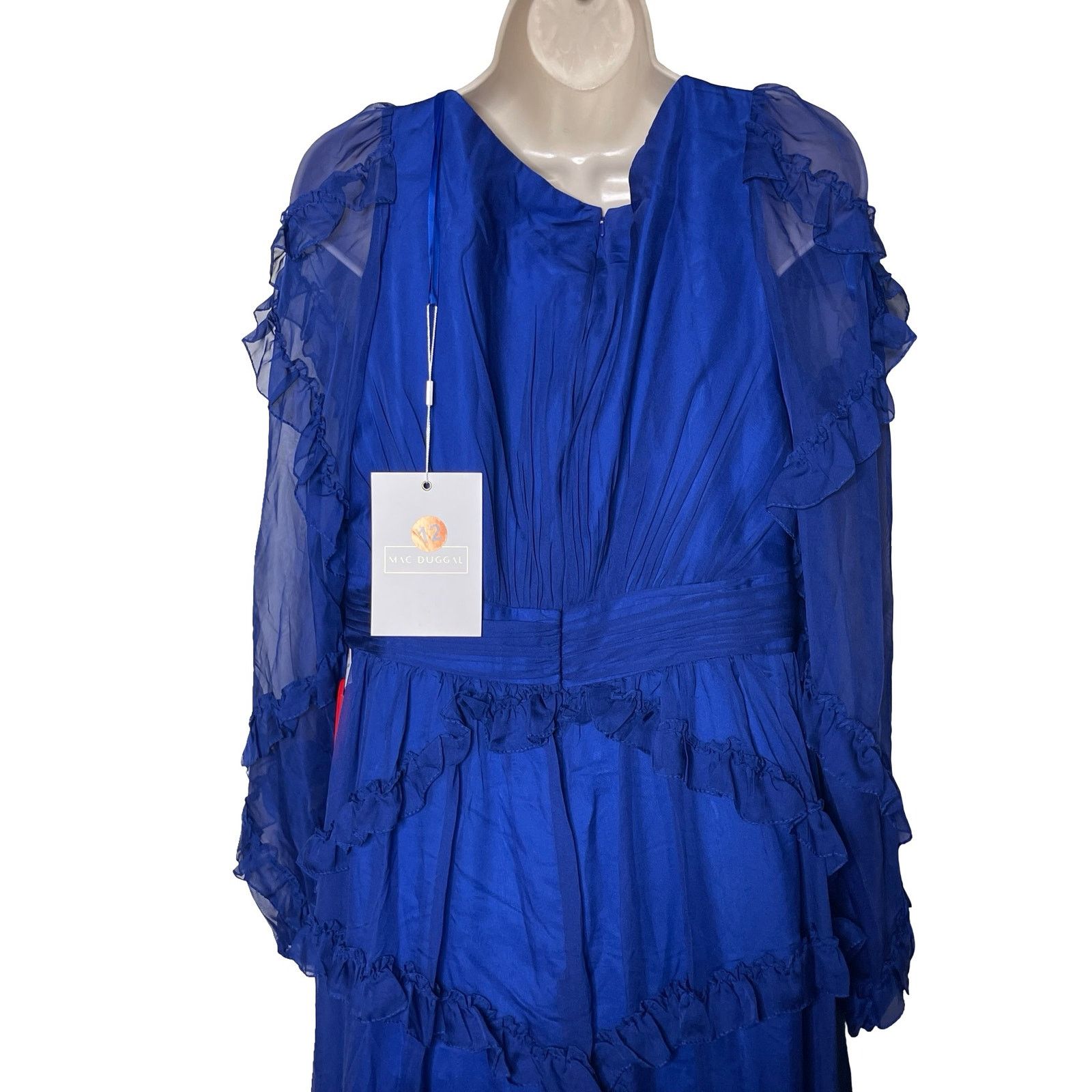 Other New Mac Duggal Blue Cascade Ruffle Puff Sleeve A Line Gown Size XL / US 12-14 / IT 48-50 - 8 Thumbnail