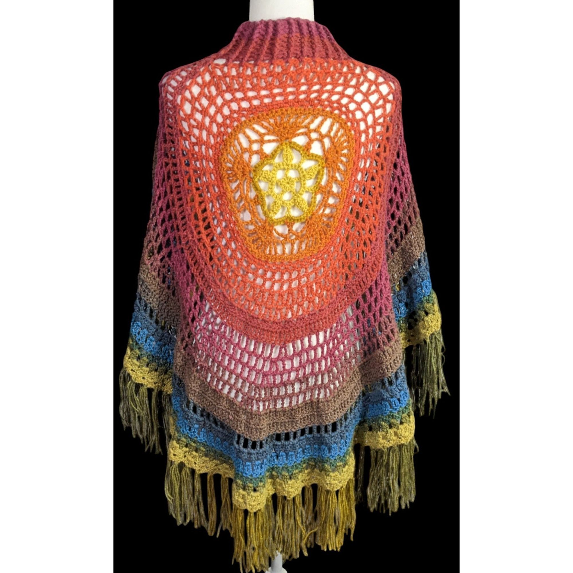 Handmade Vintage Handmade Bohemian Crochet Shawl Poncho With Rainbow Size ONE SIZE - 1 Thumbnail
