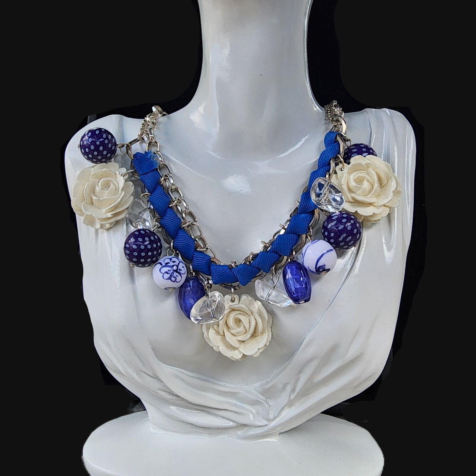 Handmade Mixed Ivory Dangle Bead Rose Charm Statement Bib Necklace Size ONE SIZE - 1 Thumbnail