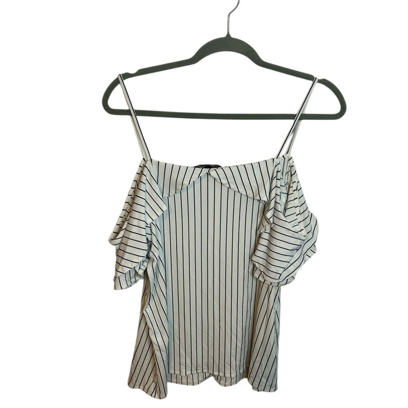 Banana Republic Banana Republic Black Striped Ruffle Cold Shoulder Blouse Size L / US 10 / IT 46 - 2 Thumbnail