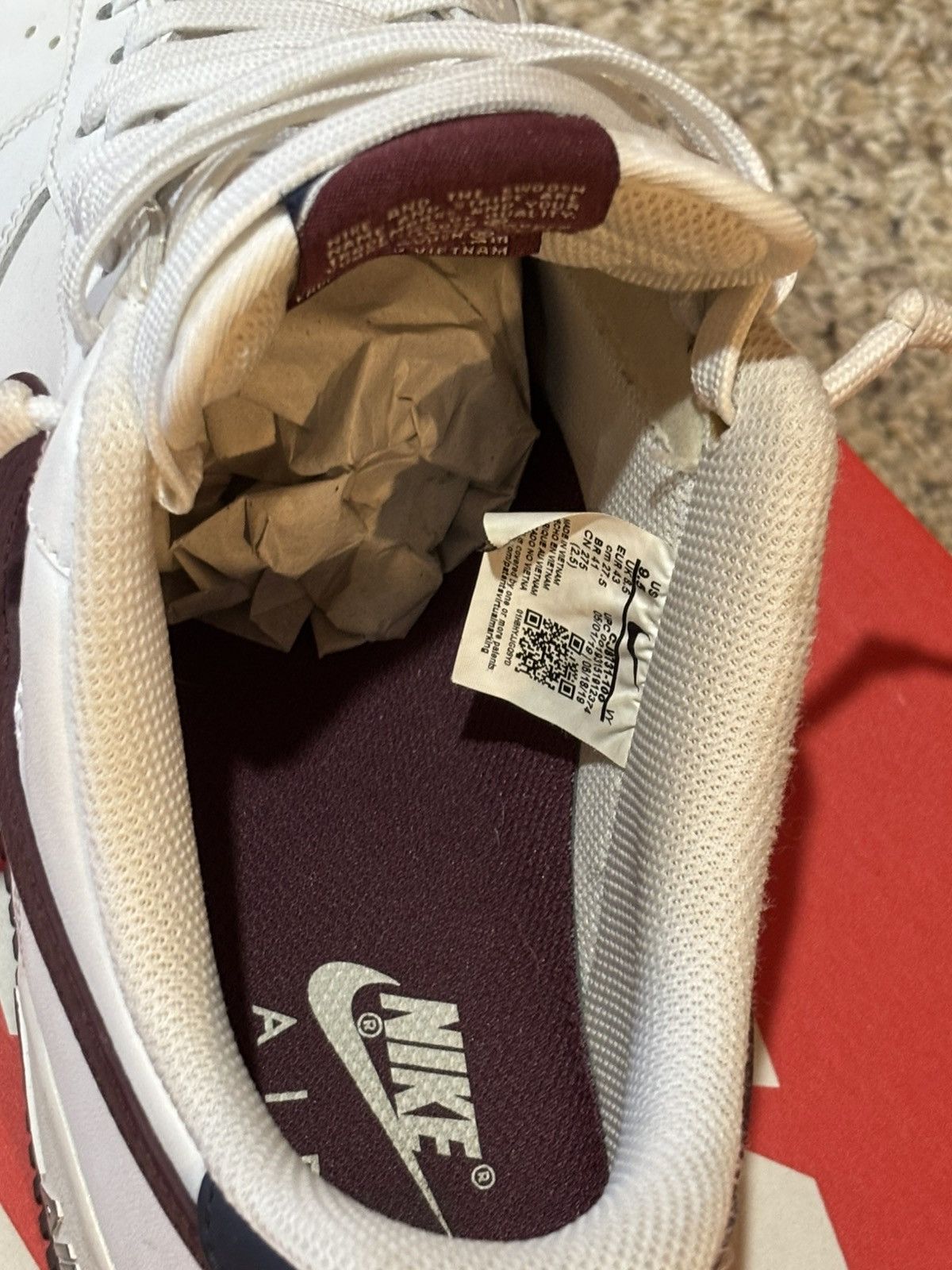 Nike 2019 Air Force 1 '07 LV8 'White Night Maroon' Size US 9.5 / EU 42-43 - 3 Thumbnail