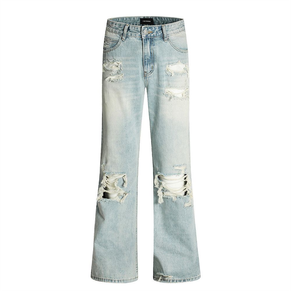 Men's hippie distressed gradient washed flared ripped jeans