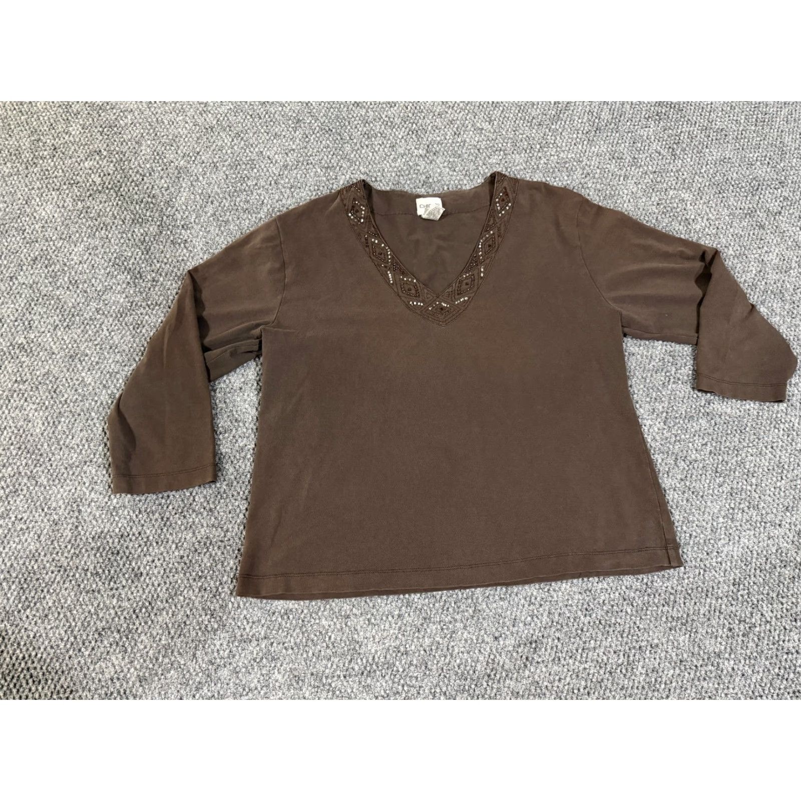 Vintage Chicos Blouse Shirt Womens 1 Pink Long Sleeve Embellished V Neck Casual Stretch Regular Knit Cotton Size XS / US 0-2 / IT 36-38 - 2 Thumbnail