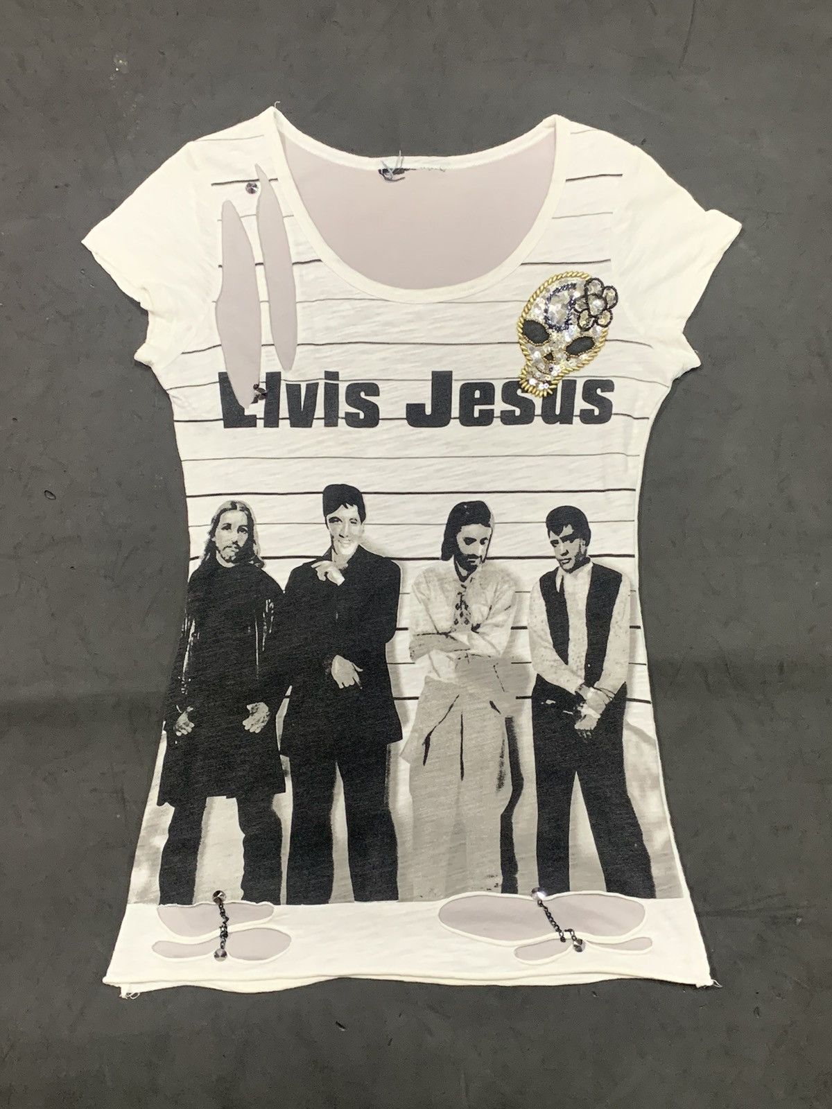 image of Elvis Jesus Punk Distressed Arcived Styled in White, Men's (Size Medium)