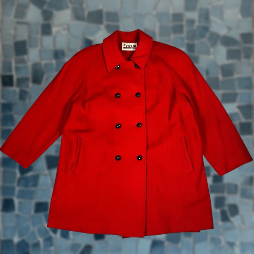 Doublet VINTAGE Penguin Wool Trench Coat Women's 18 Double Breasted Jacket USA Red Wool/Poly Nylon Lined Pockets 80s 90s Designer Hipster Outdoor Preppy Size XXL / US 16-18 / IT 52-54 - 1 Thumbnail
