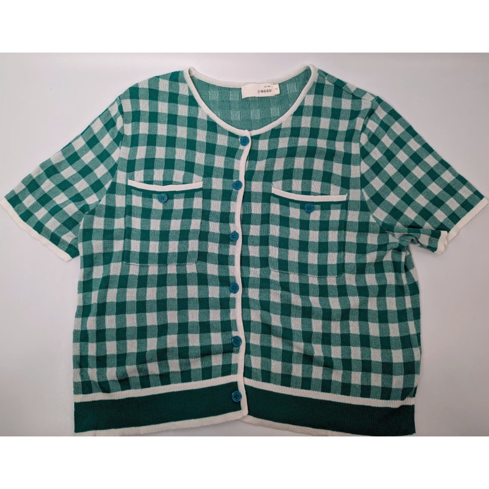 Vintage Jinggu Green Gingham Cardigan Womens Top Size 2 Knit Crew Neck Pockets Casual Fall Winter Size XS / US 0-2 / IT 36-38 - 2 Thumbnail