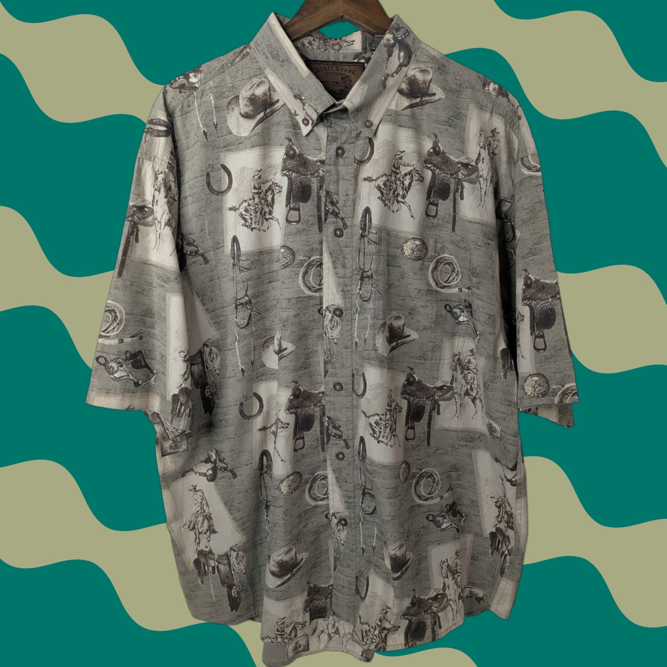 Vintage Bluff Creek Shirt Men's 2XL Button-Down Collared Cotton Twill Outdoor Cowboy Saddle AOP Button Up Size US XXL / EU 58 / 5 - 1 Thumbnail