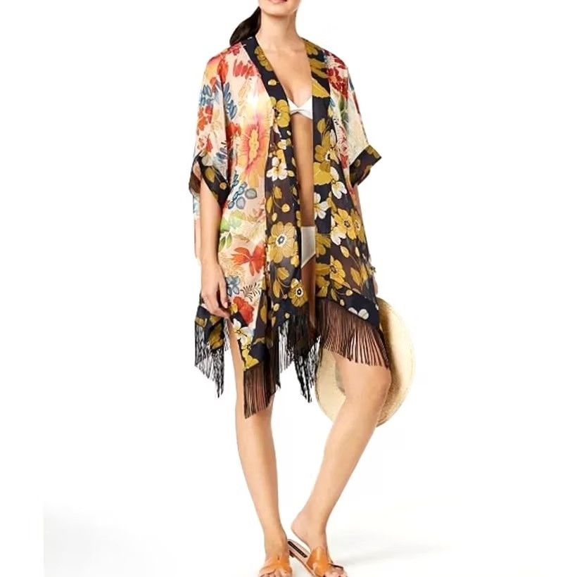 Steve Madden Steve Madden Kimono Cardigan Sheer Floral Butterfly Boho Festival Fringe O/S Women's One Size Multicolor Pattern Florals Cover Up Size ONE SIZE - 2 Thumbnail