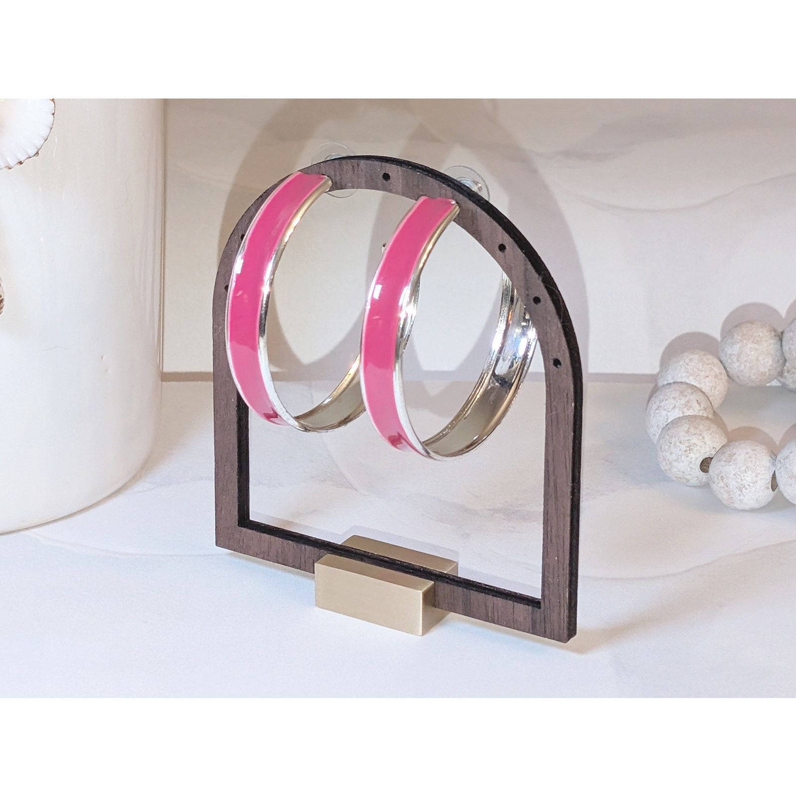 Vintage VTG 1980s Silver-Tone Rosy Pink Enameled Large Hoop Earrings Size ONE SIZE - 2 Thumbnail