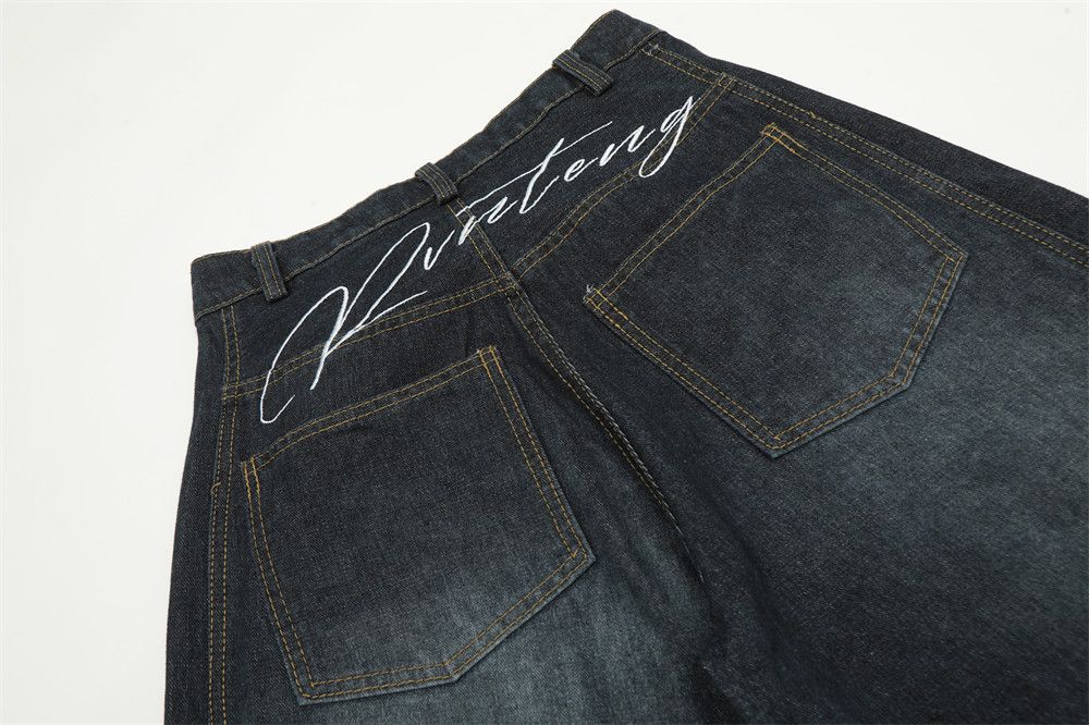 Japanese Brand × Jean Men's street loose wide-leg letters embroidered washed jeans Size US 32 / EU 48 - 5 Thumbnail