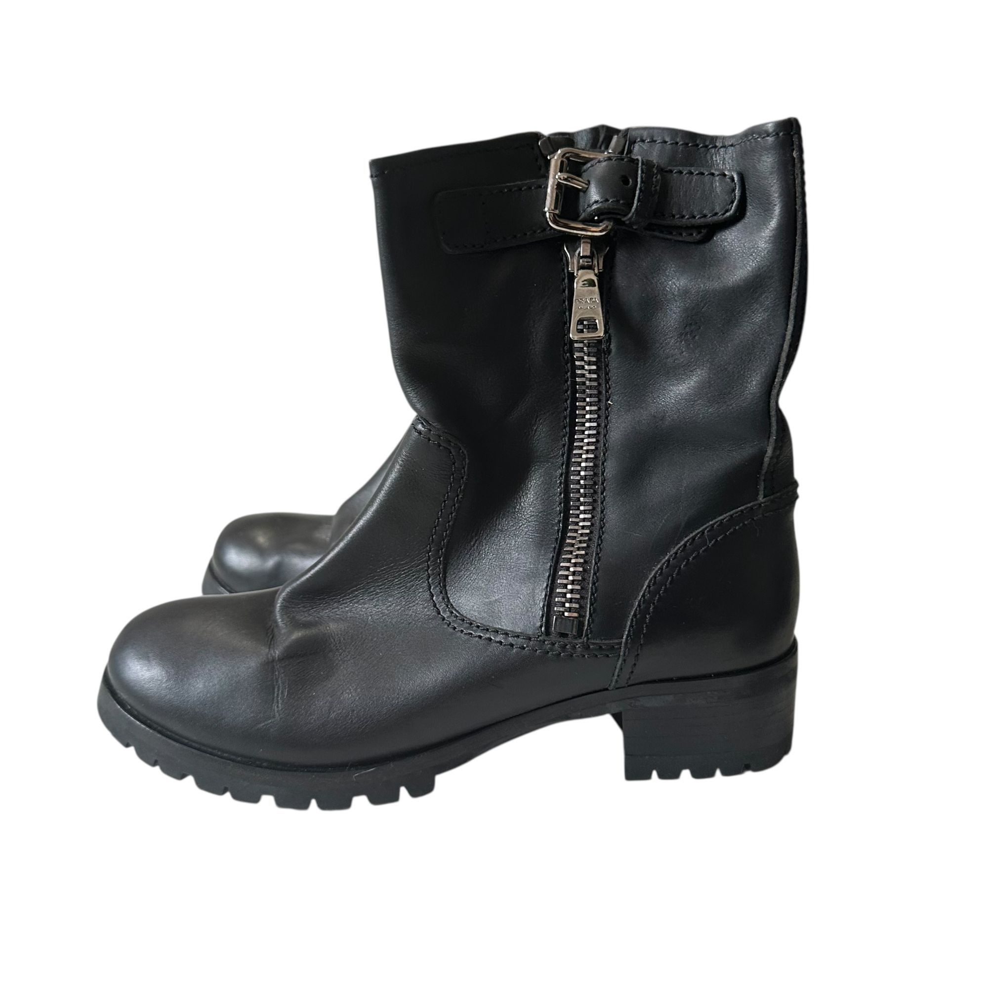 Prada Prada Biker Boots Black Leather Lug Sole Ankle Boots EU 38.5 Size US 8.5 / IT 38.5 - 1 Thumbnail