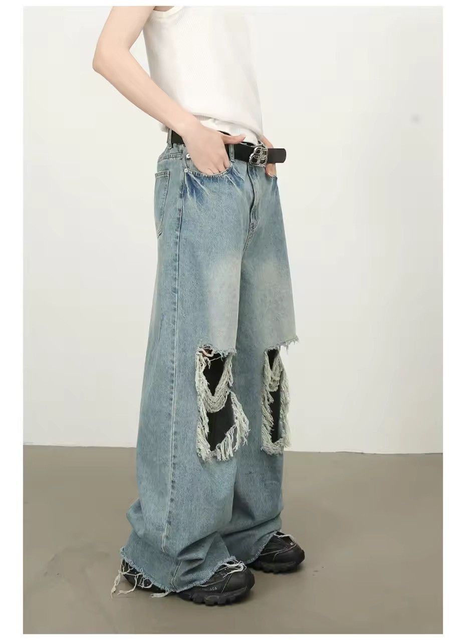 Japanese Brand Street distressed wide-leg loose straight ripped jeans Size US 33 - 4 Thumbnail