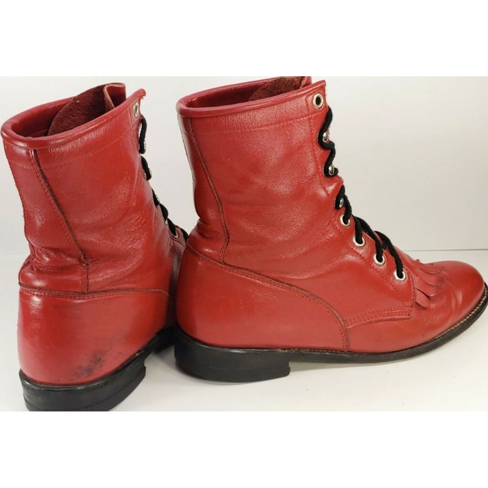 Justin Boots Justin Women's Laceup Boots Main Western 6.5B Red Leather Roper Kilted Front Granny Grunge Cowboy Boot Shoes Size US 7 / IT 37 - 3 Thumbnail
