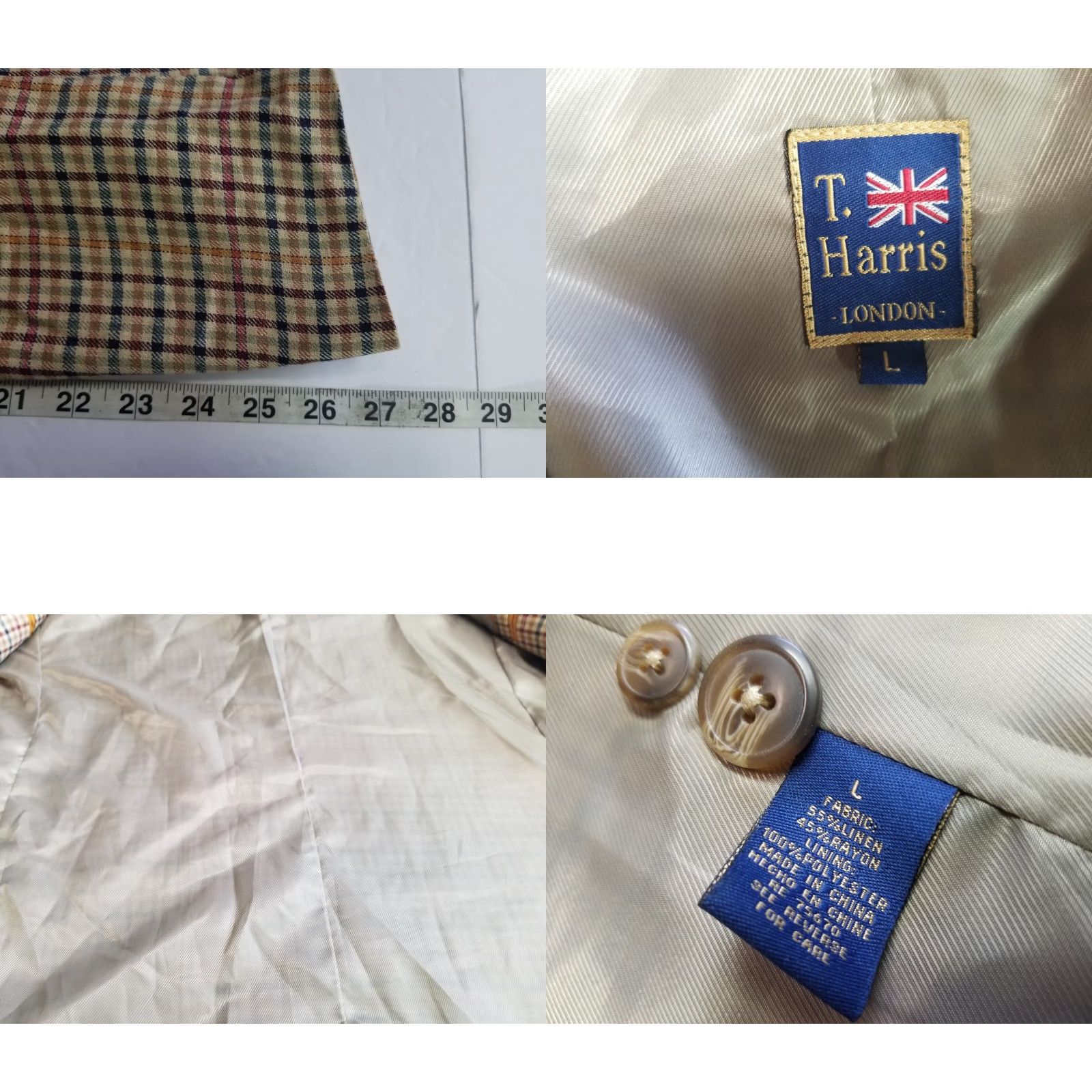 Vintage T Harris London Linen Blend Suit Blazer Jacket Plaid Tan Men's Large Size 42R - 8 Thumbnail
