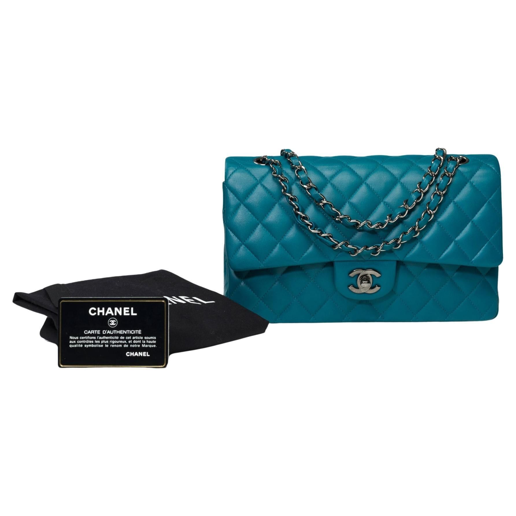 image of Chanel Timeless Double Flap Shoulder Bag In Turquoise Quilted Lamb Leather, Bshw in Blue, Women's