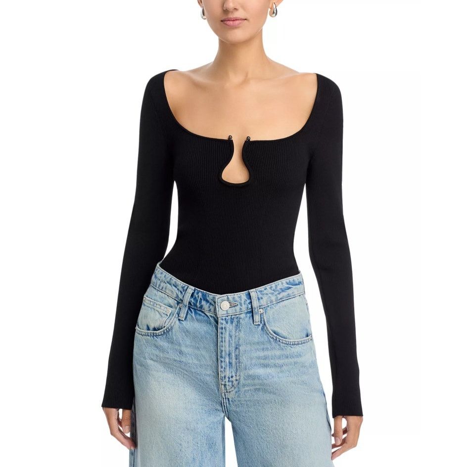 Ramy Brook Women Black Rib Knit Wire Neck Slim Top Size M