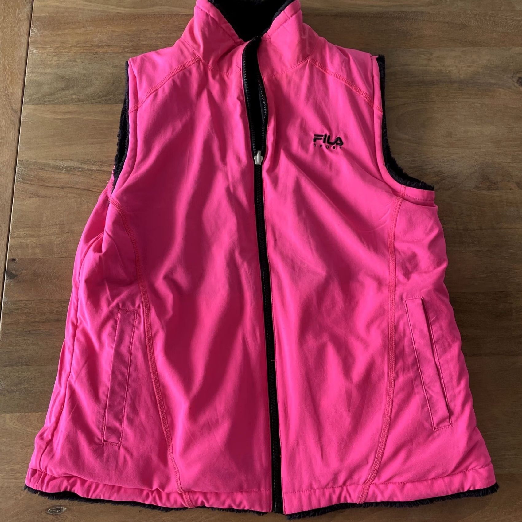 Fila FILA Sport Womens L Vest Reversible Faux Fur Black Pink Full Zip Sleeveless Size L / US 10 / IT 46 - 2 Thumbnail