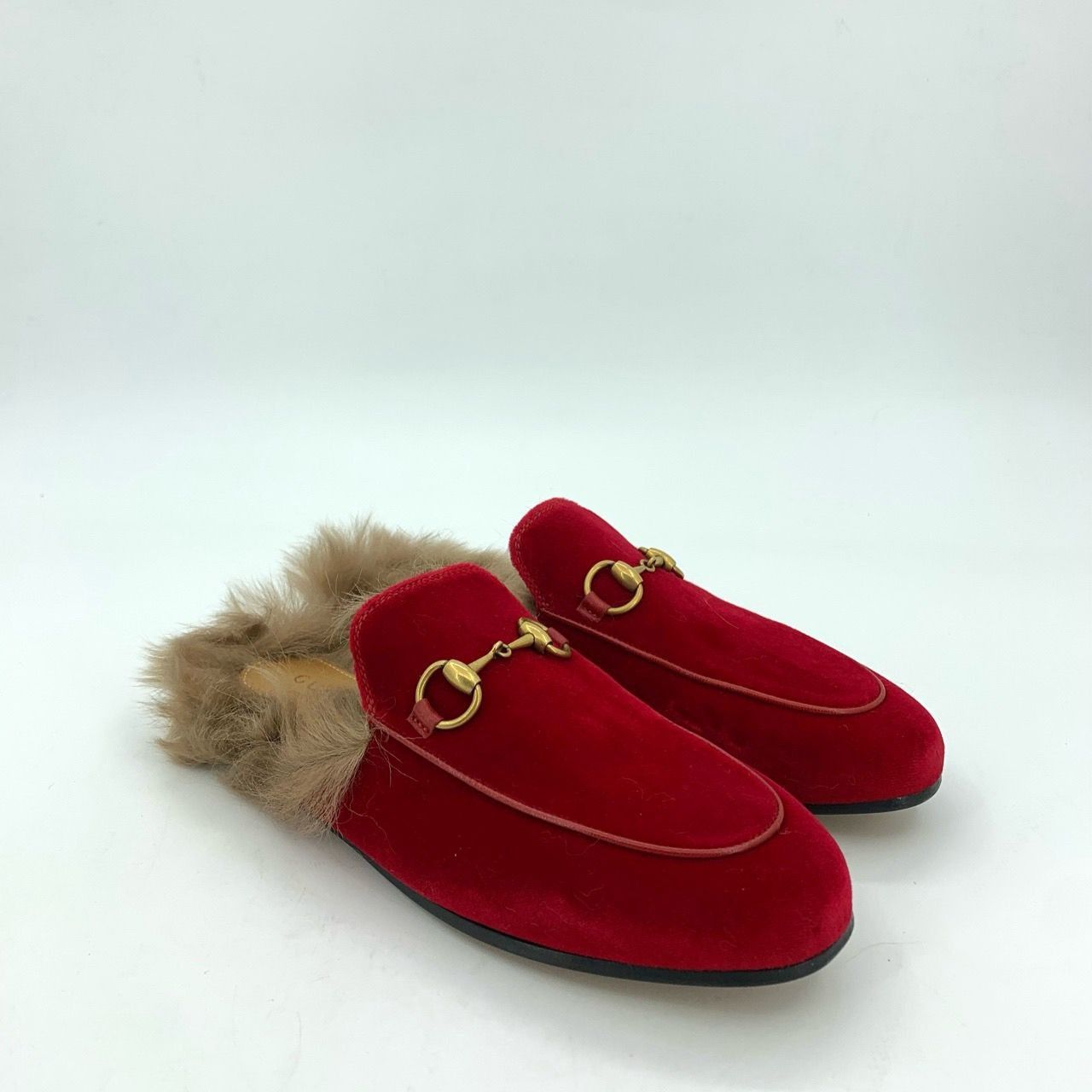 Gucci Gucci Womens Red Velvet & Fur Horsebit Mule Loafers Size 35 Size US 5 / IT 35 - 8 Thumbnail