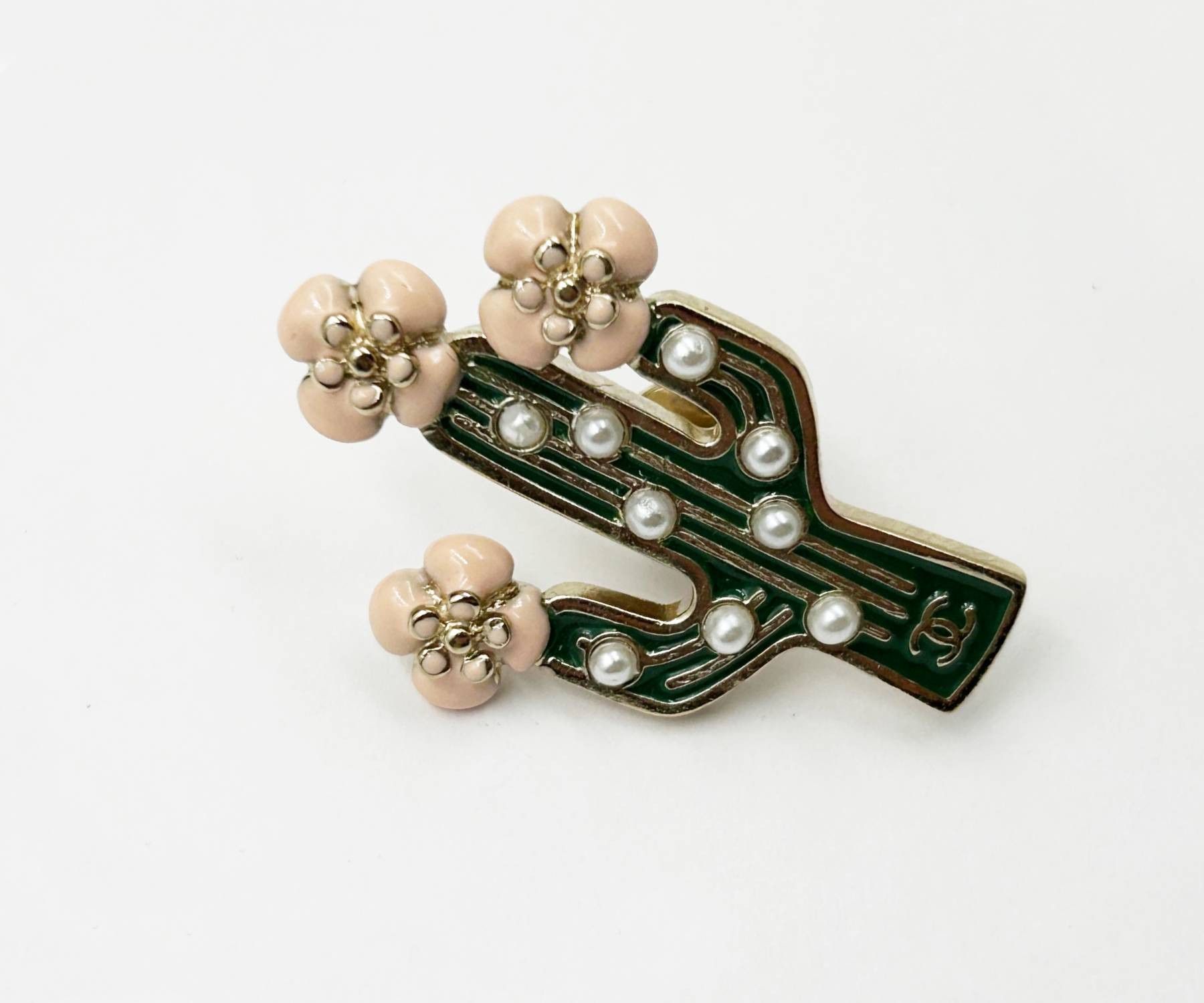 Chanel Chanel Gold CC Pink Flowers Green Cactus Pin Size ONE SIZE - 1 Thumbnail