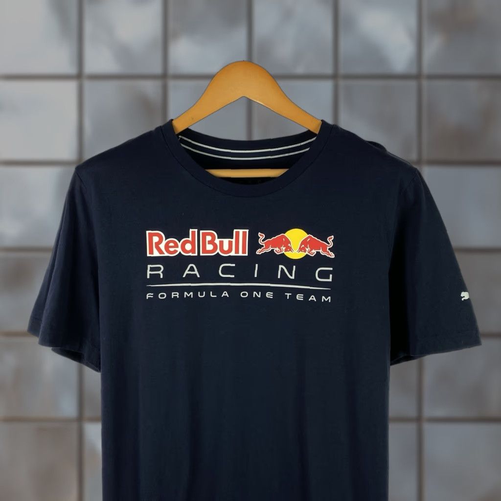 VINTAGE PUMA T-SHIRT Men’s L Blue 90s Logo Embroidered Red Bull Racing F1 Cars Casual