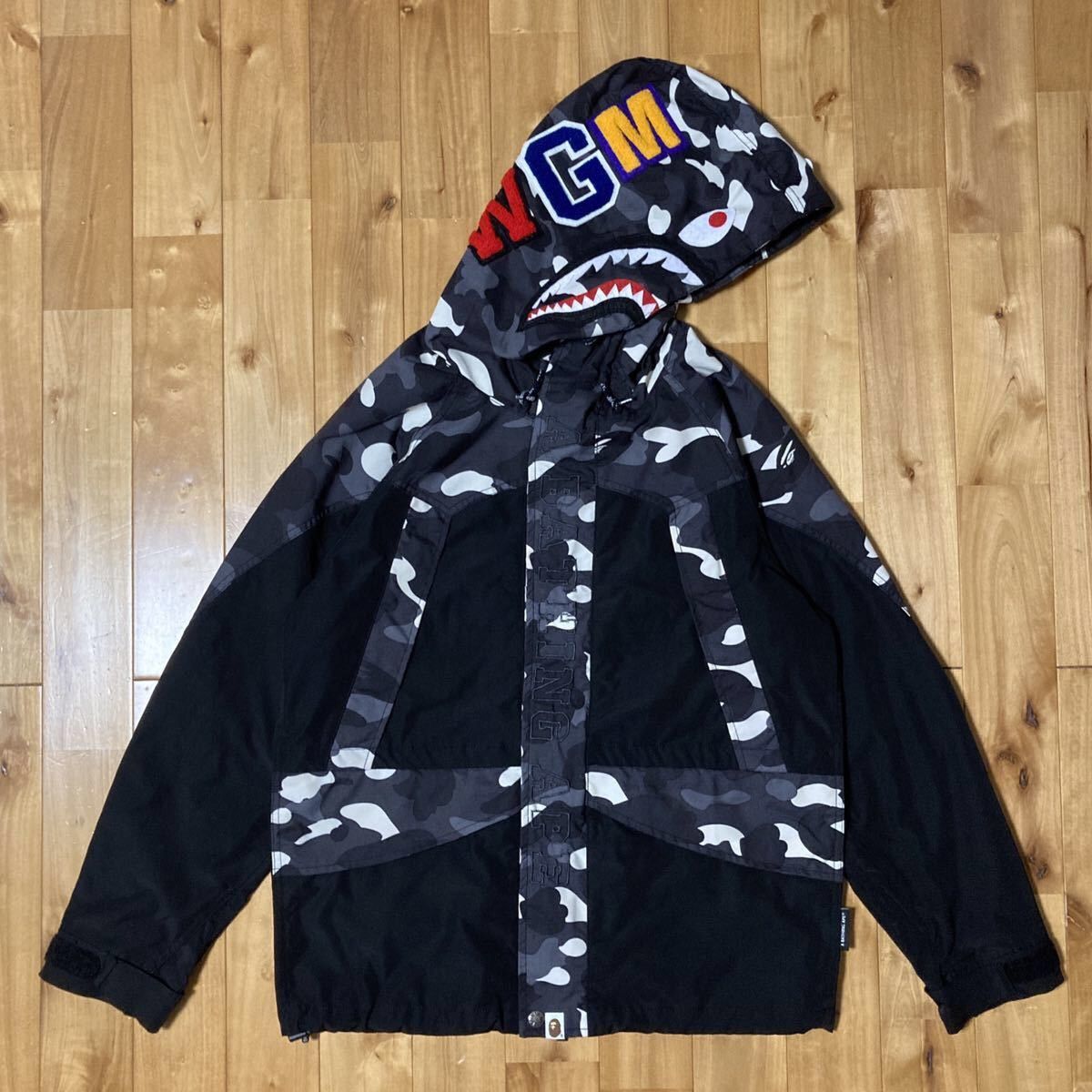 image of Glow In The Dark Bape Camo Shark Hoodie Snowboard Jacket in Black Camo, Men's (Size Medium)