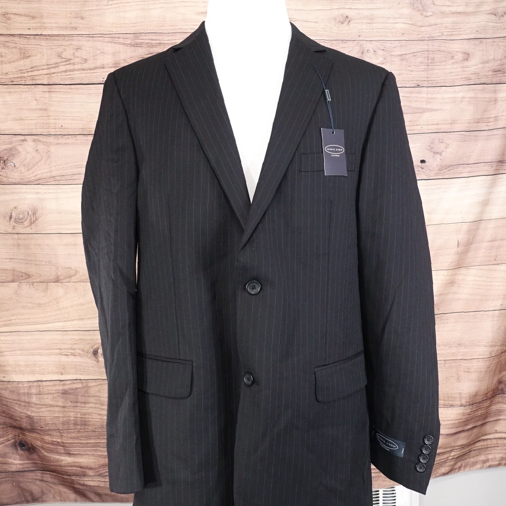 Pronto Uomo VINTAGE PRONTO UOMO STRIPED WOOL SUIT JACKET MENS SIZE 44 X-LONG BLACK Mens Size 44R - 3 Thumbnail