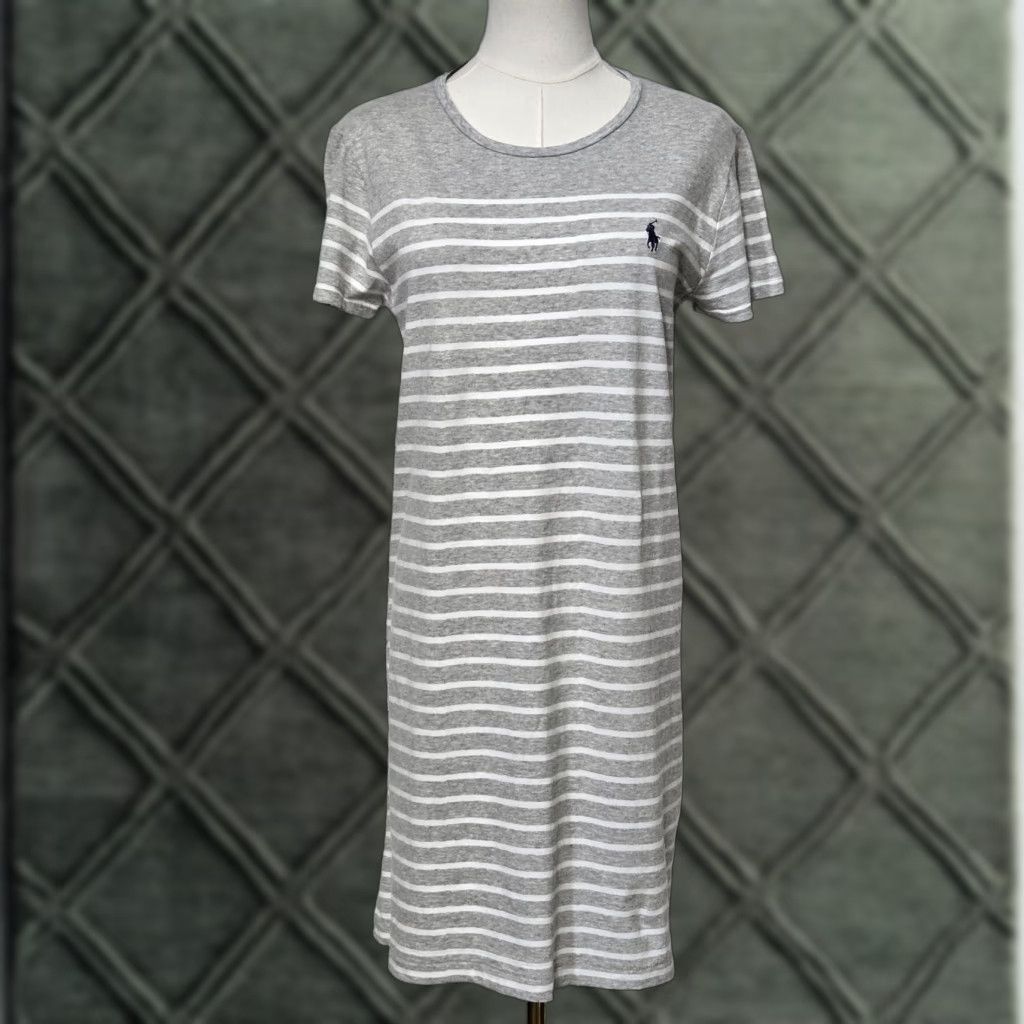 Polo Ralph Lauren Dress Womens L Gray Striped T-Shirt Dress Knee Length  Crewneck