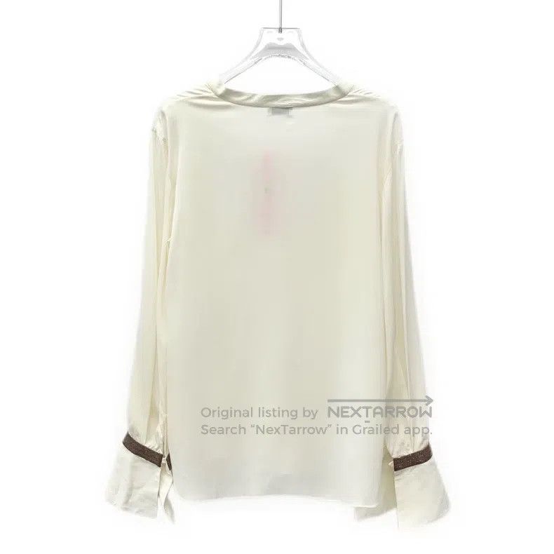 Brunello Cucinelli Brunello Cucinelli Off-white silk V-neck bell-sleeve shirt Size L / US 10 / IT 46 - 2 Thumbnail