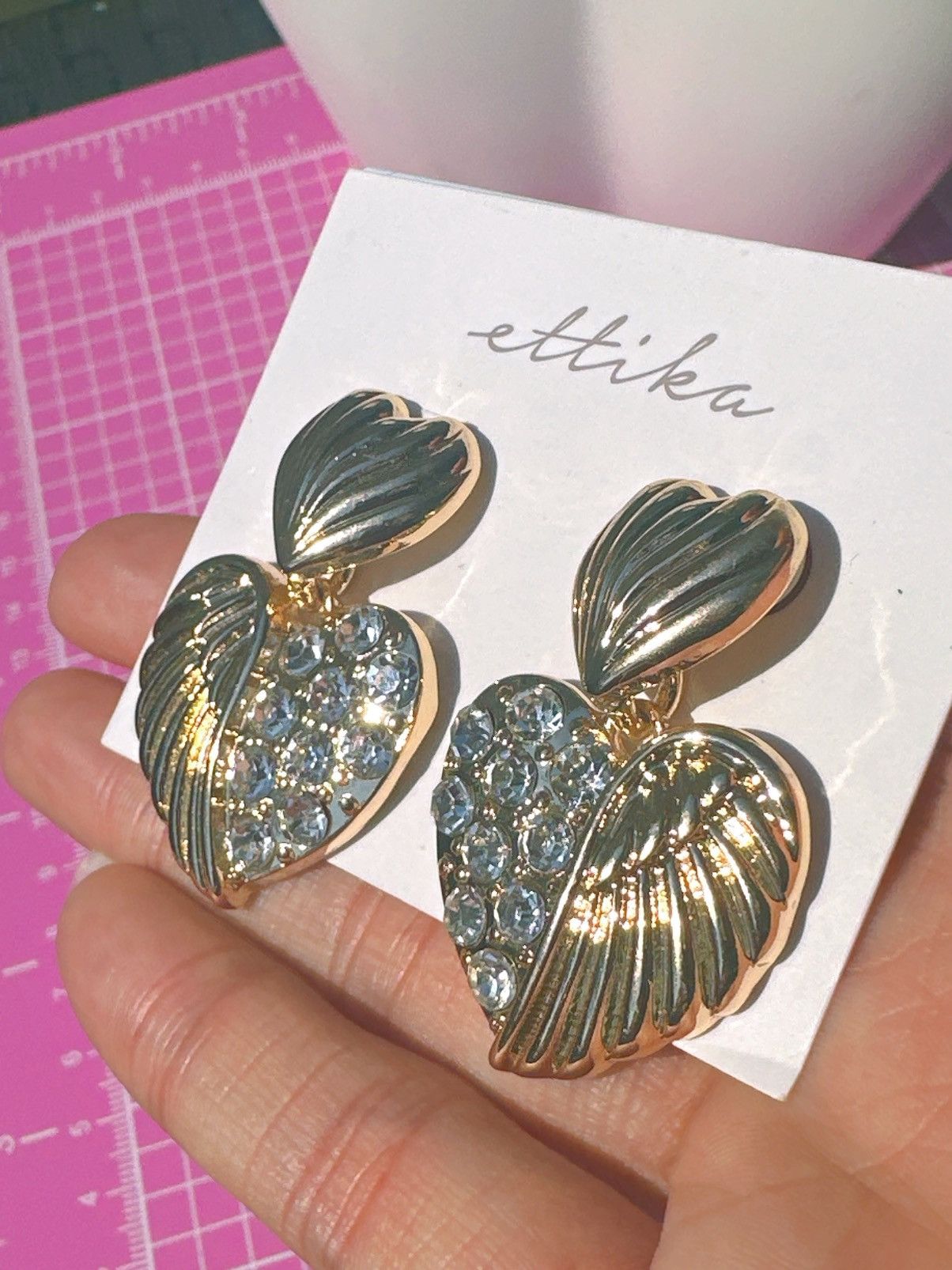 Designer Ettika earrings gold tone half wings half diamonds paved Size ONE SIZE - 2 Thumbnail
