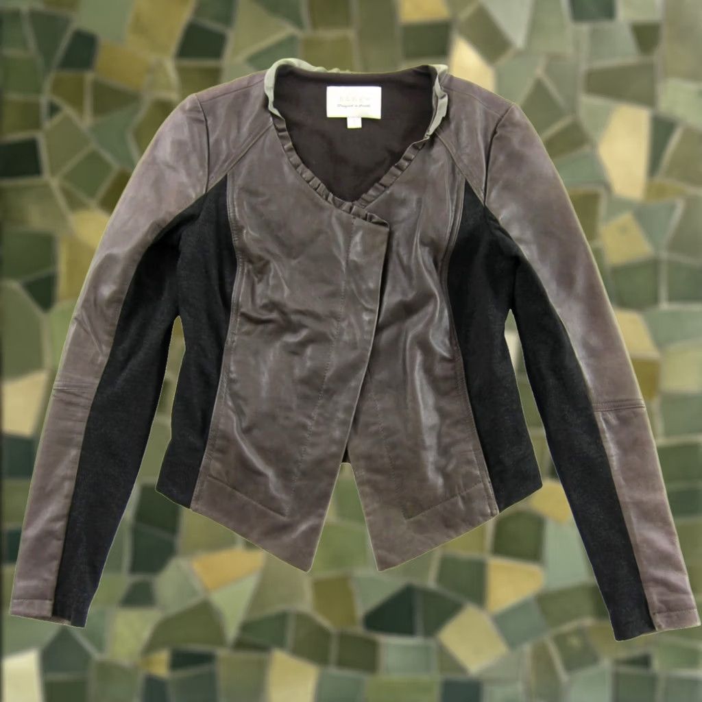Vintage Hinge Women Blazer Moto Jacket Small Brown Ruffle Neck Soft Leather Crop Size S / US 4 / IT 40 - 1 Thumbnail
