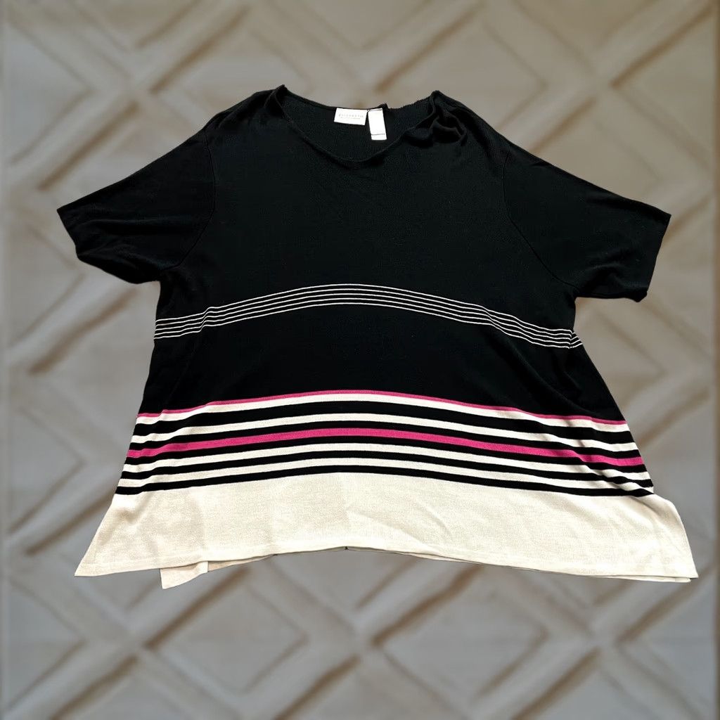Liz Claiborne VINTAGE Liz Claiborne Sweater Womens 2X Black Striped Pullover Short Sleeve Pullover Knit Collar Casual Vintage Mens Ladies Girls Size XXL / US 16-18 / IT 52-54 - 1 Thumbnail