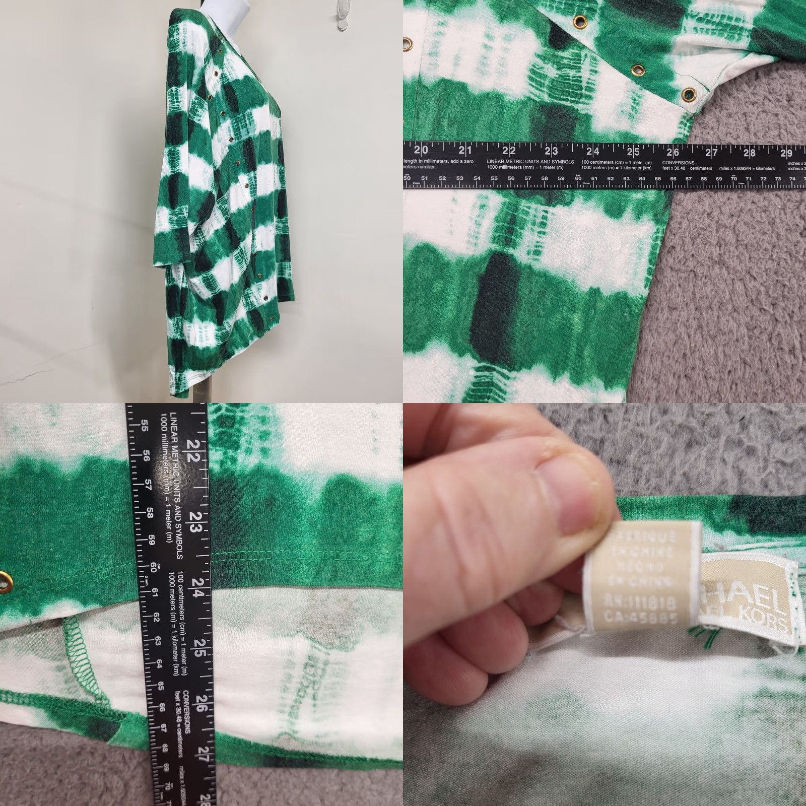 Michael Kors Michael Kors Blouse Women's Size M Knit Top 3/4 Sleeve Hi Low Tie-Dye Green Multi-Color Geometric Pattern Size M / US 6-8 / IT 42-44 - 8 Thumbnail
