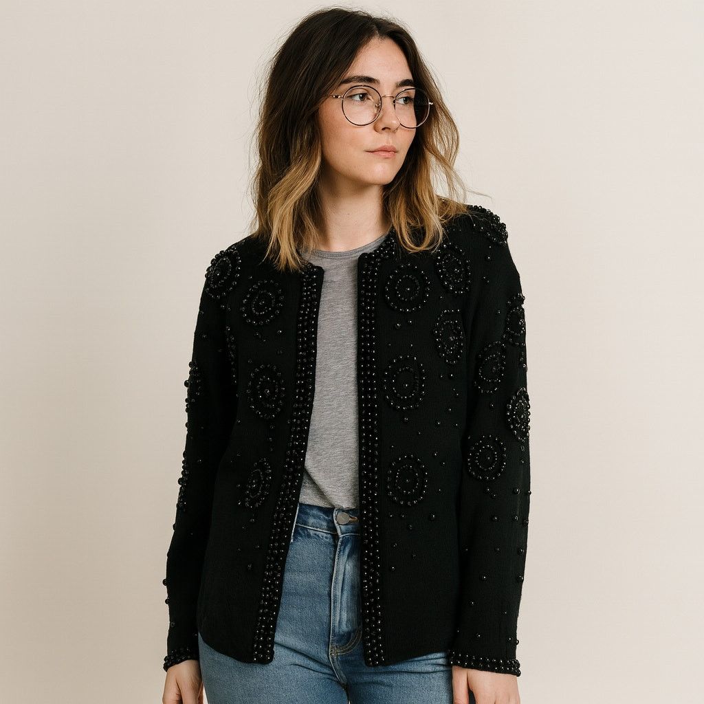 Vintage Vintage 1980s Black Wool Beaded Cardigan Sweater Large Size L / US 10 / IT 46 - 1 Thumbnail