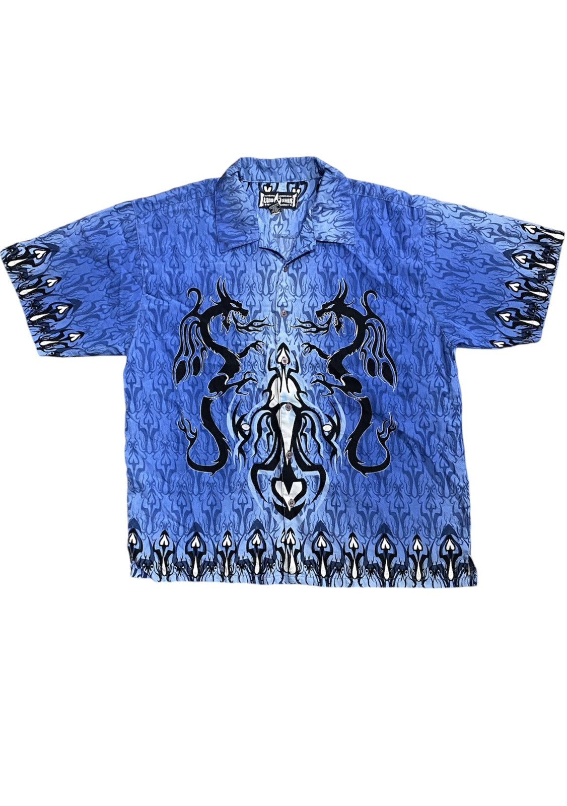 Fire flame Blue black dragon button up shirt 100% polyester