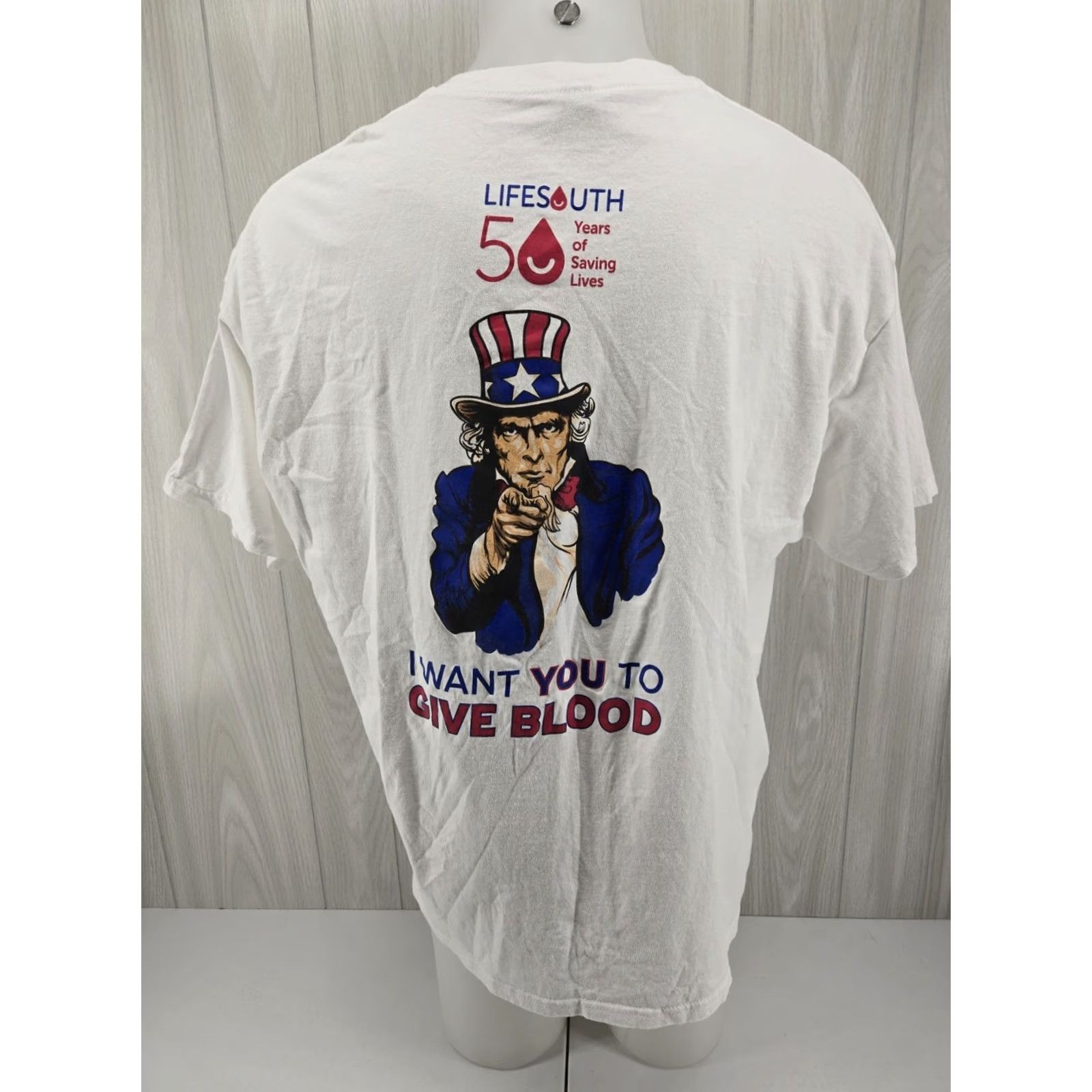 Gildan Lifesouth Blood Donor Uncle Sam Wants You Graphic T Shirt 2XL White Mens Gildan Short Sleeve Crew Neck Graphic Tee Size US XXL / EU 58 / 5 - 2 Thumbnail