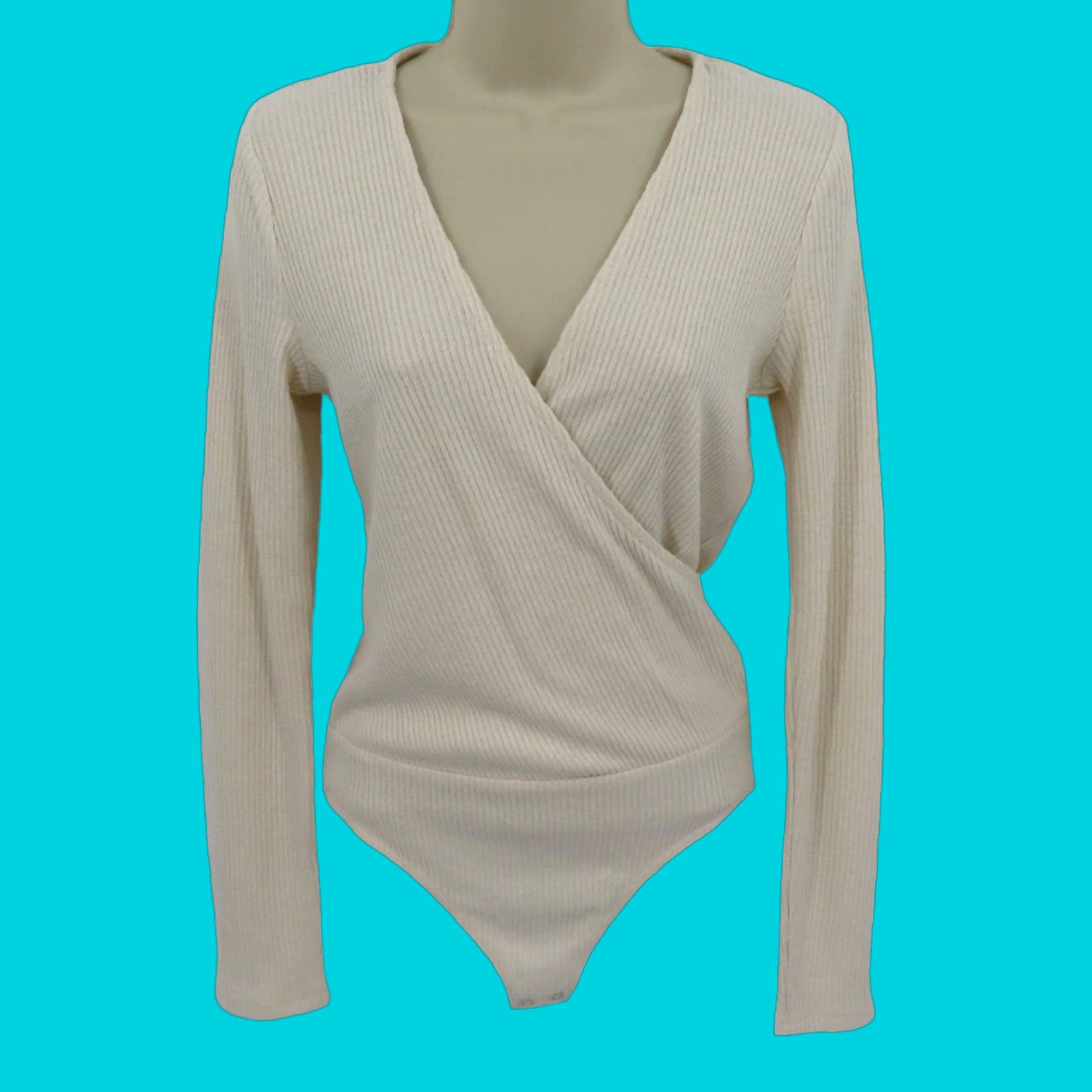 Express Express Women Bodysuit Small Ivory Ribbed V-Neck Wrap Long Sleeve One Piece NEW Size S / US 4 / IT 40 - 1 Thumbnail