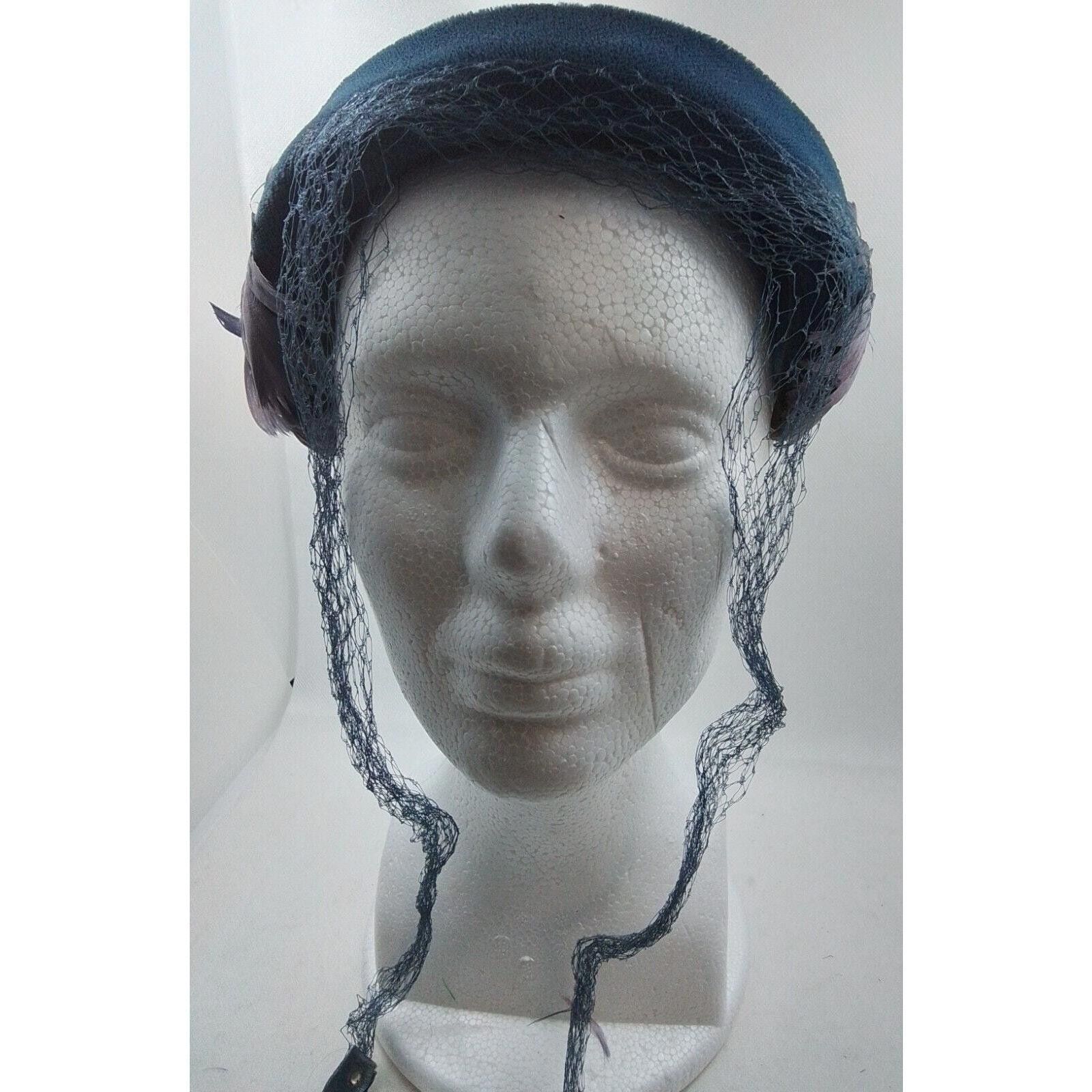 Designer Ladies Blue Felt Hat With Feathers and Light purple Netting Size ONE SIZE - 1 Thumbnail