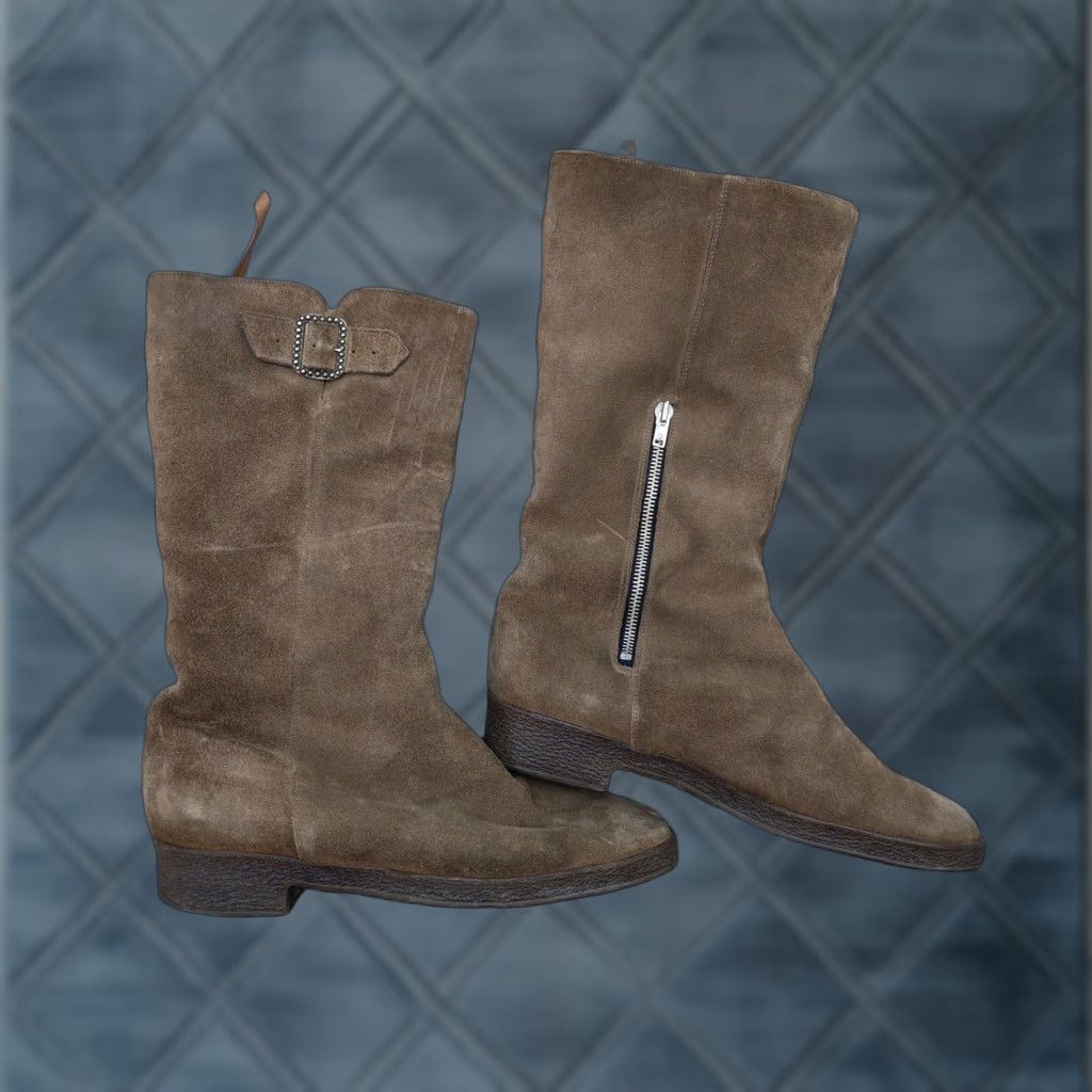 Vintage Womens Shearling Boots Brown Suede Mid-Calf Zip Buckle Studded Winter Size 10 41 Shoes Size US 10 / IT 40 - 1 Thumbnail