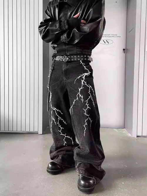 VIBE High Street Lightning Embroidered Y2K Hip Hop Baggy Jeans Size US 34 / EU 50 - 4 Thumbnail