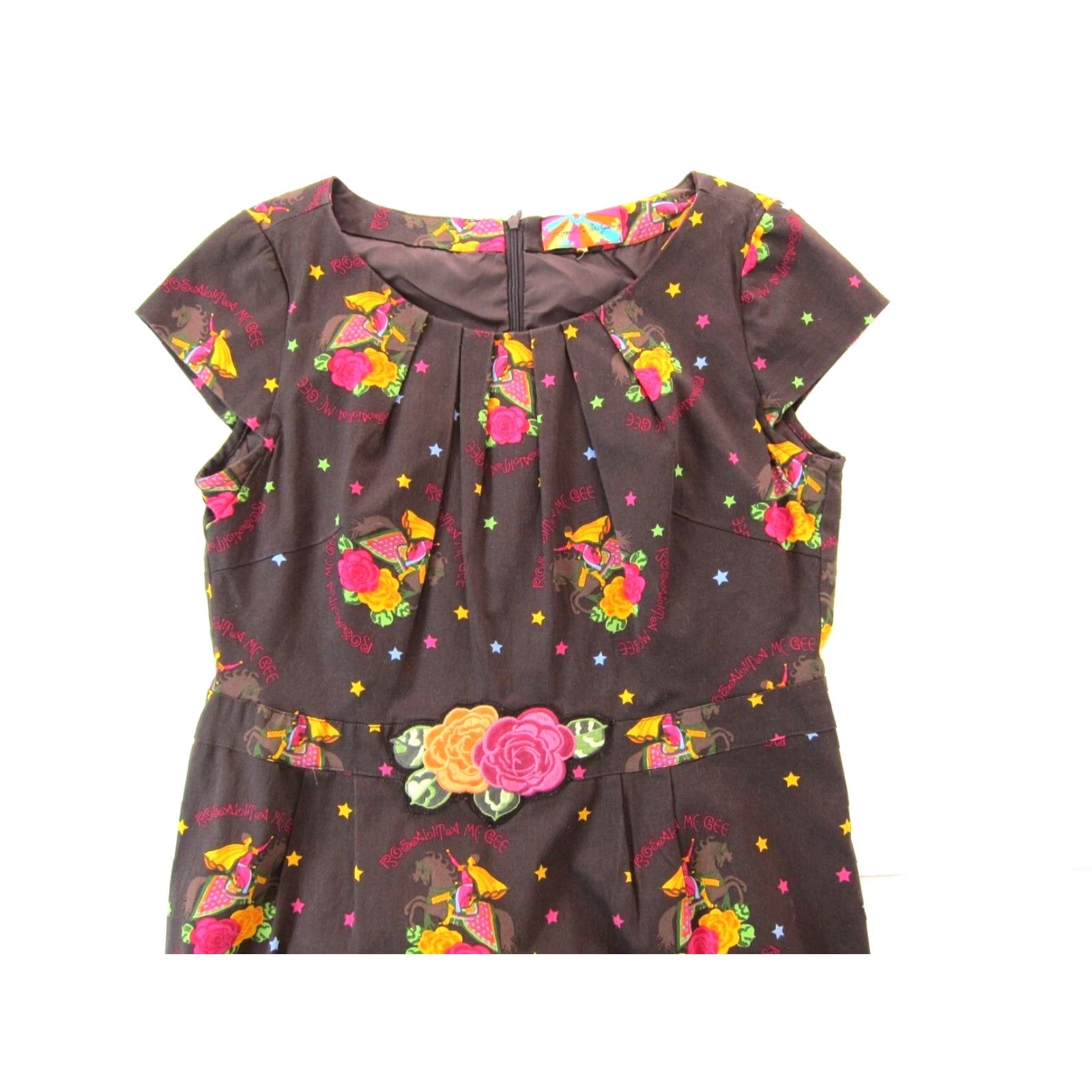Pinko VINTAGE Rosalita McGee Dress Cap Sleeve Sheath Brown Pink Floral Cotton Stretch Size L / US 10 / IT 46 - 3 Thumbnail