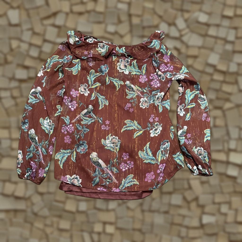 Vintage LC Lauren Conrad Shirt Womens Small Brown Floral V-Neck Ruffle Long Sleeve T-Shirt Size S / US 4 / IT 40 - 1 Thumbnail