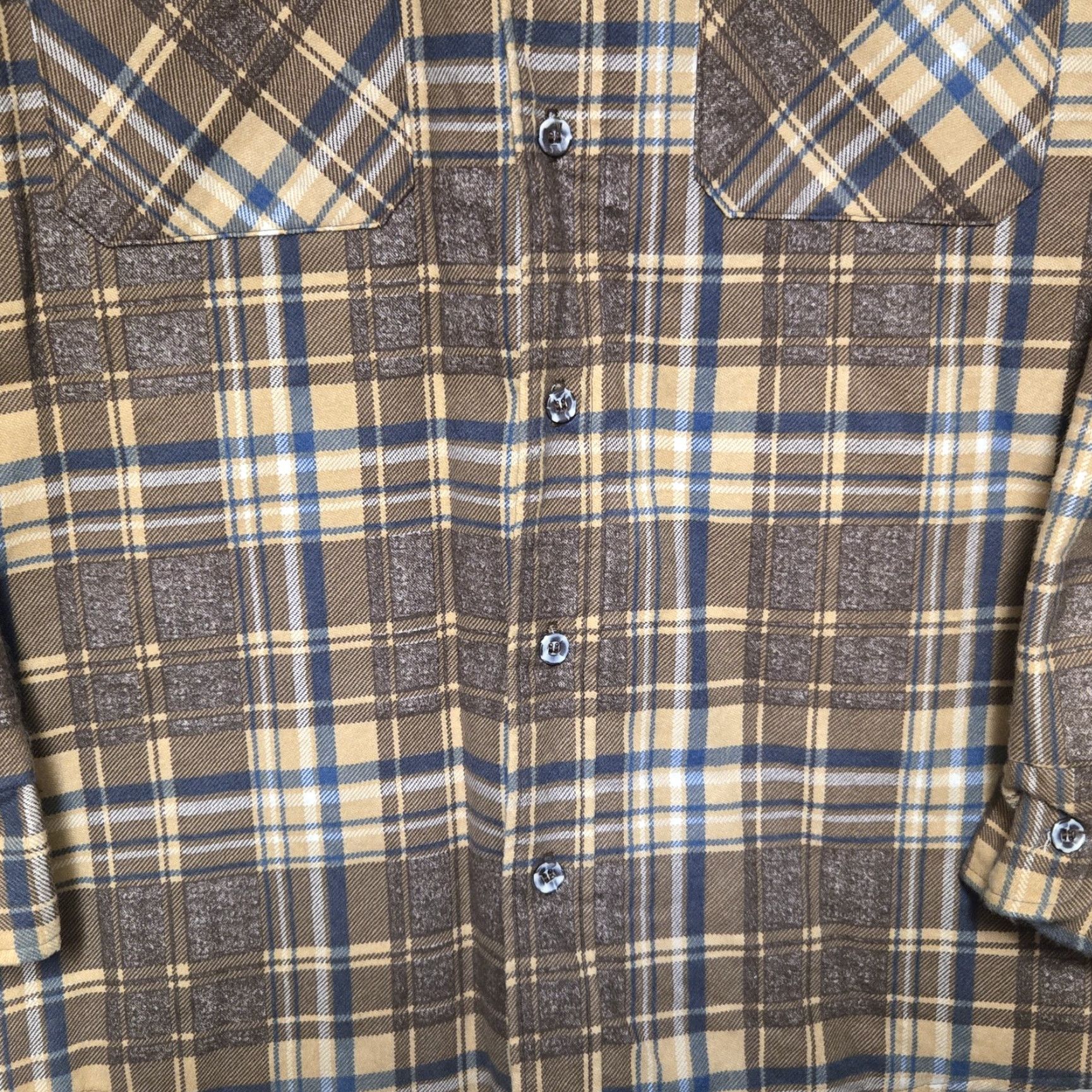 Sears VINTAGE Sears Fieldmaster Flannel Shirt Mens Large Tall Plaid Lined 70s Perma Prest Button-Up Knit Quilted Brown Cotton Polyester Shirt Size US L / EU 52-54 / 3 - 4 Thumbnail