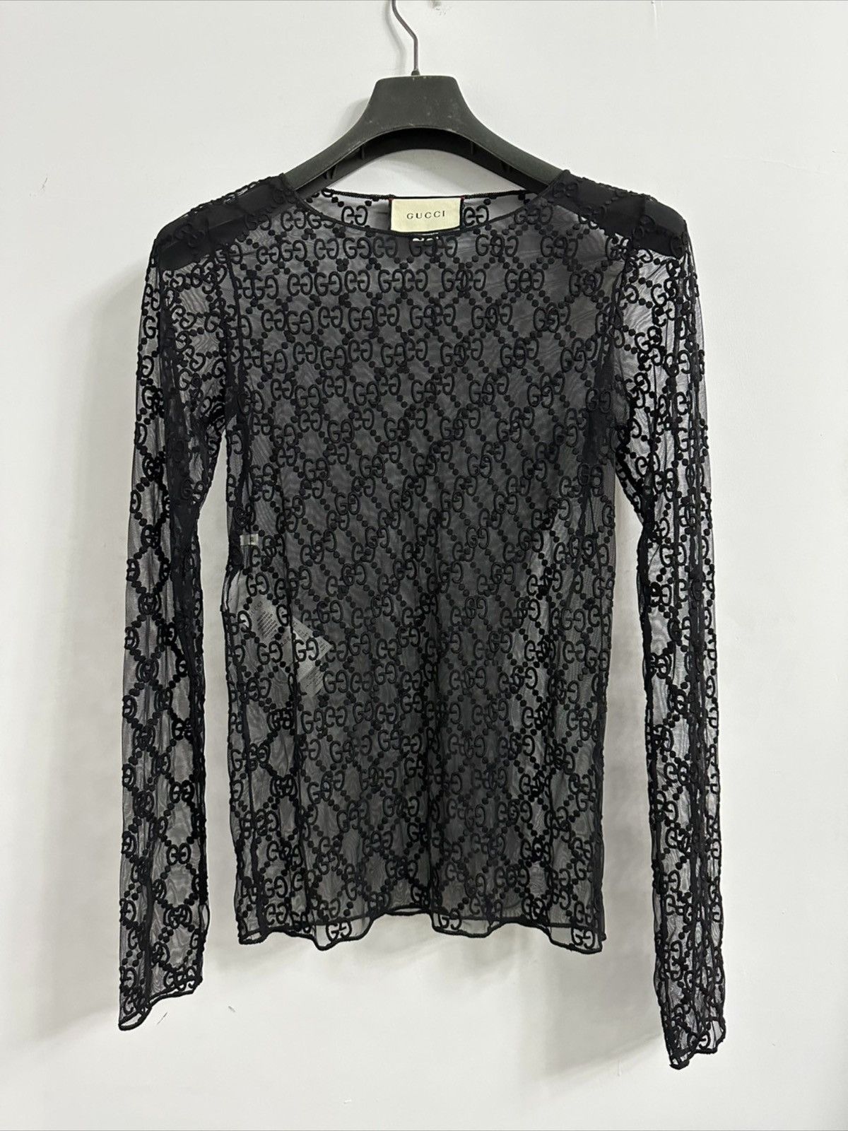 image of Gucci Black GG Embroidered Mesh Long Sleeve Top, Men's (Size XS)