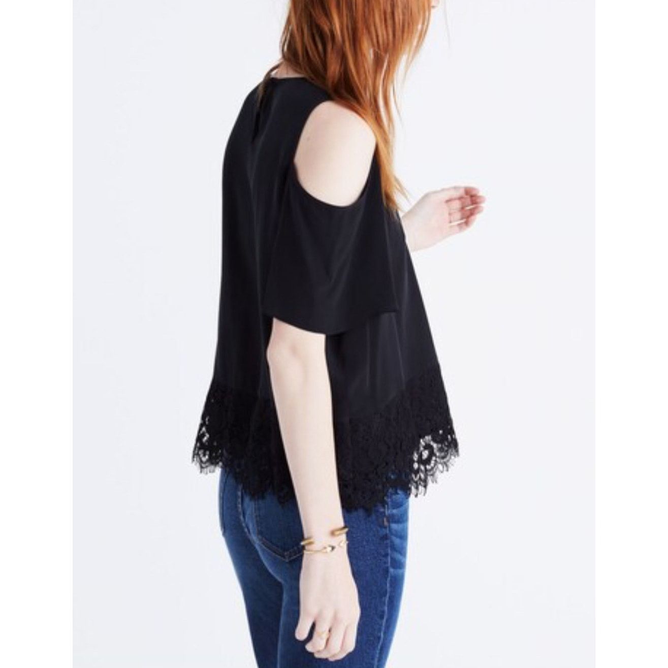 Madewell Madewell- Lace-Edged Silk Cold-Shoulder Top / xxs / black Size XXS / US 00 / IT 34 - 3 Thumbnail