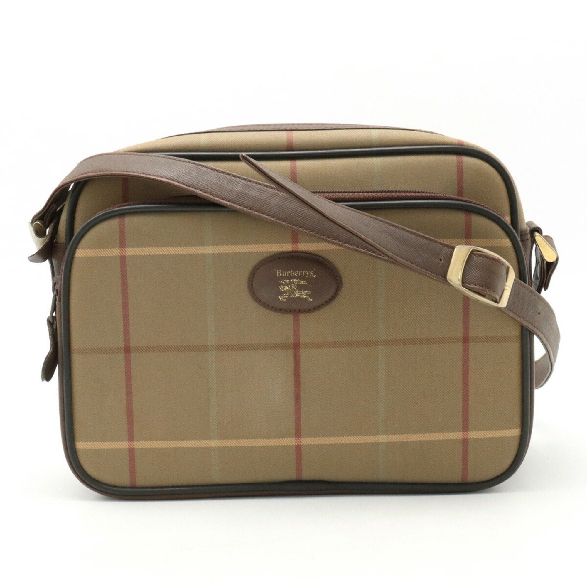 image of Burberrys Checked Shoulder Bag Pochette Canvas Leather Khaki Brown, Women's