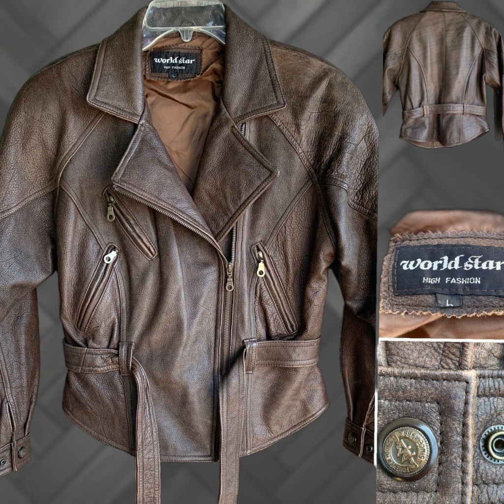 Vintage VINTAGE World Star Leather Moto Jacket Shirt Mens L Brown 1980s 1990s Size L / US 10 / IT 46 - 1 Thumbnail