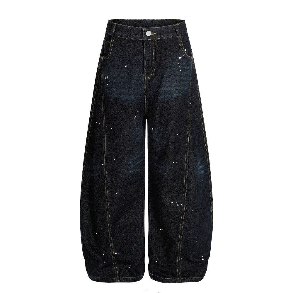 Men's street distressed ink-splashed wide-leg scimitar jeans