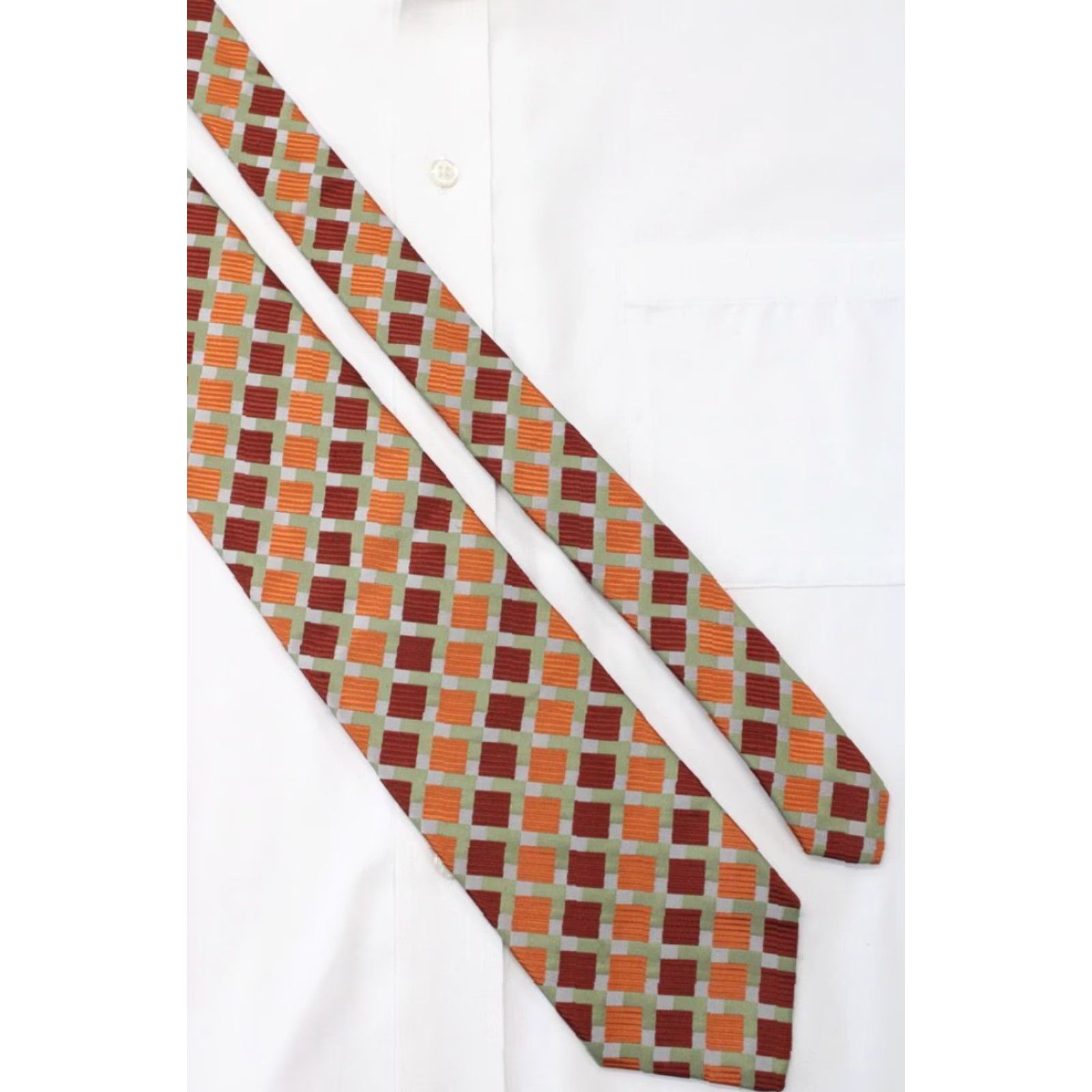 Vintage XMI Necktie Men Orange Rust Squares Geometric Designer Silk Classic 57"-60" One Size USA Men's Tie 100% Silk Adjustable Handmade Vintage Size ONE SIZE - 3 Thumbnail