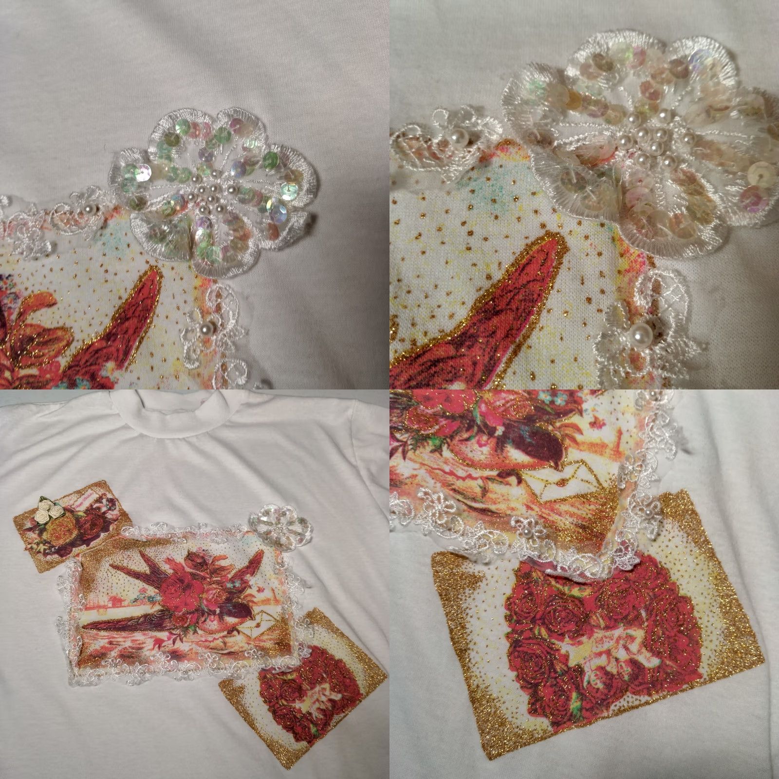 Vintage VINTAGE Precious Knits Shirt Small White Lace Gold Glitter Bird Roses Grannycore Mens Girls Womens Size S / US 4 / IT 40 - 10 Thumbnail